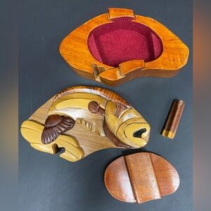 Hand crafted 3D Intarsia Wood Art BASS FISH Puzzle Wooden Box Fishing